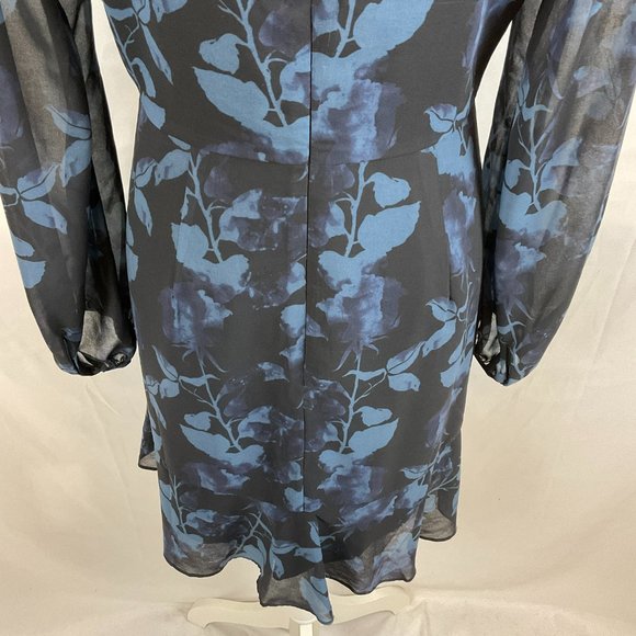 Hutch Dress 6 Blue Black Leaf Print Long Semi-Sheer Sleeve Drape Detail - Picture 11 of 13